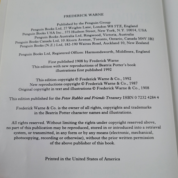 The Tale of Jemima Puddle-Duck- Beatrix Potter Hard Cover Book- 1992 - Picture 3 of 7